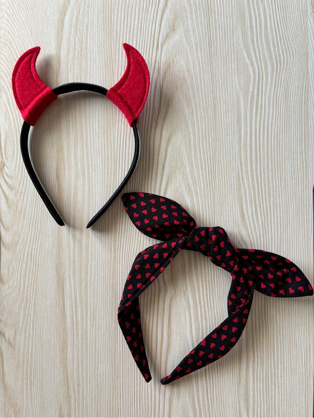 2 Halloween Headbands - Devil Horns and Red Hearts